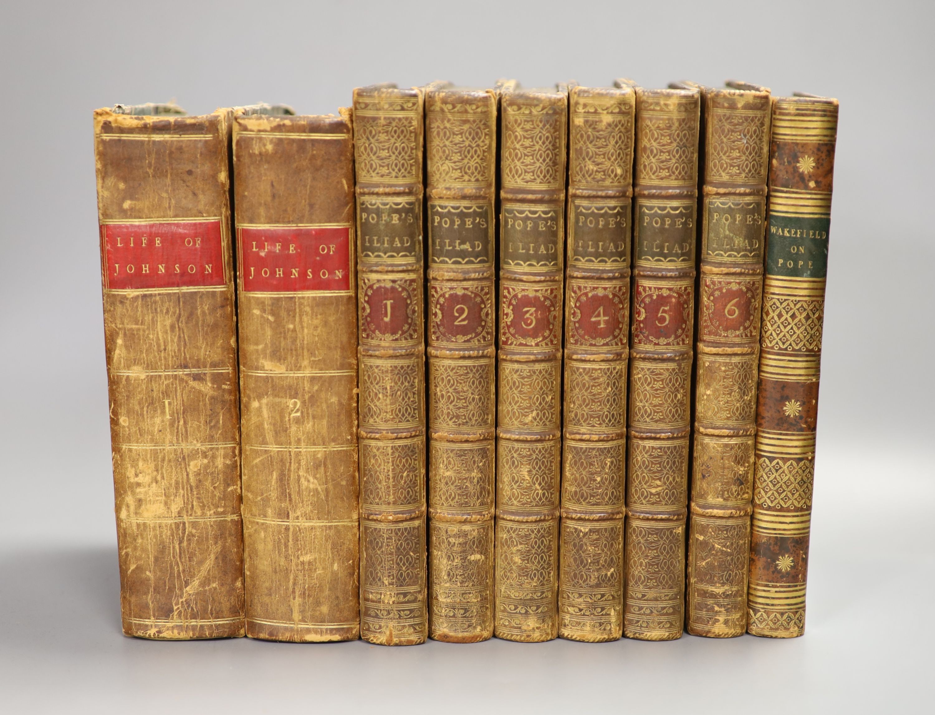 Pope, Alexander - The Iliad of Homer, 6 vols, frontis, folded plate, vignette illus. (within plate marks); contemp. gilt decorated calf, panelled spines with: Wakefield, Gilbert - Observations on Pope, half title and adv